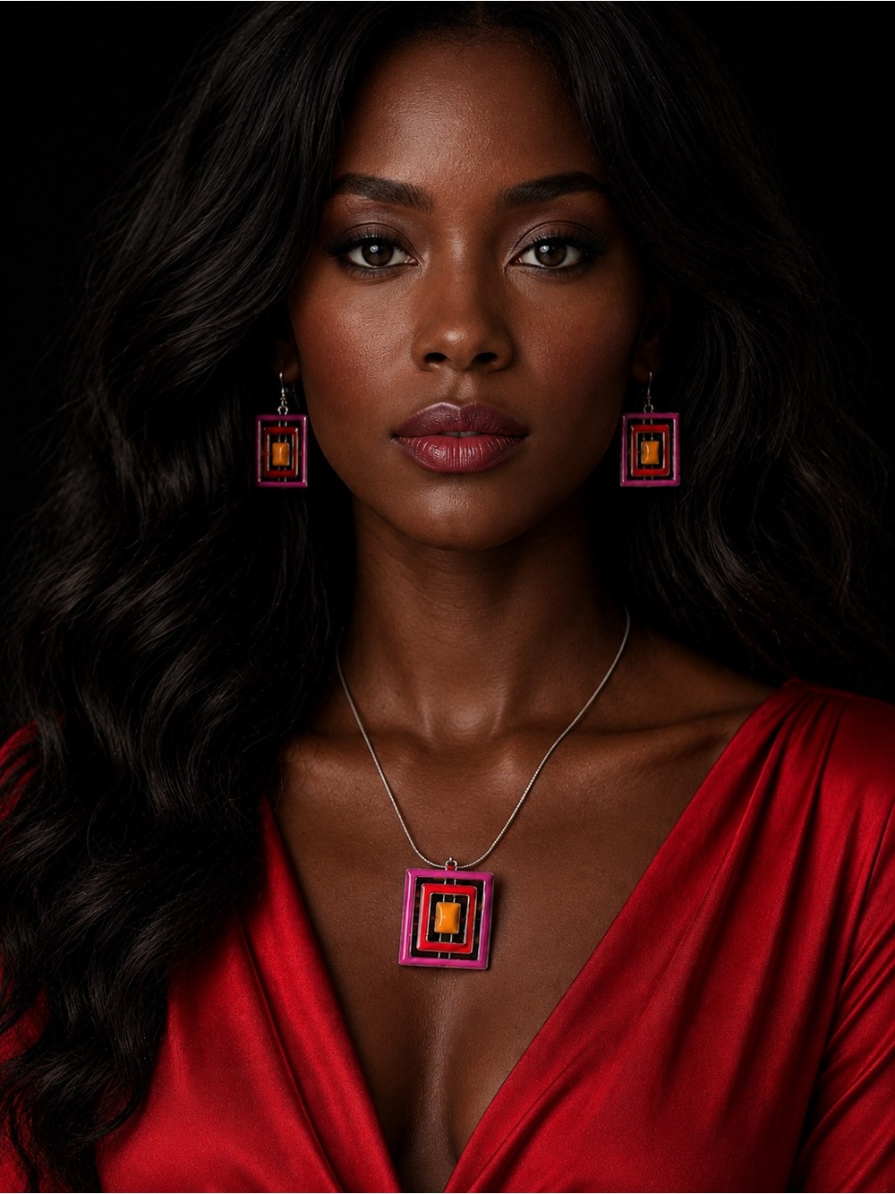 Silver and Colorful Enamel Necklace and Earrings Set